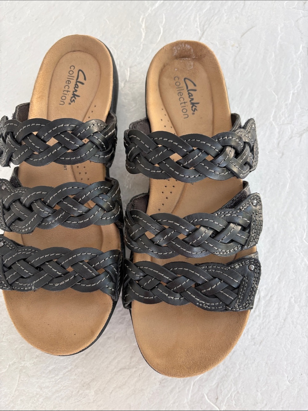 Clarks Black Braided Triple-Strap Slide Sandals with Tan Footbed